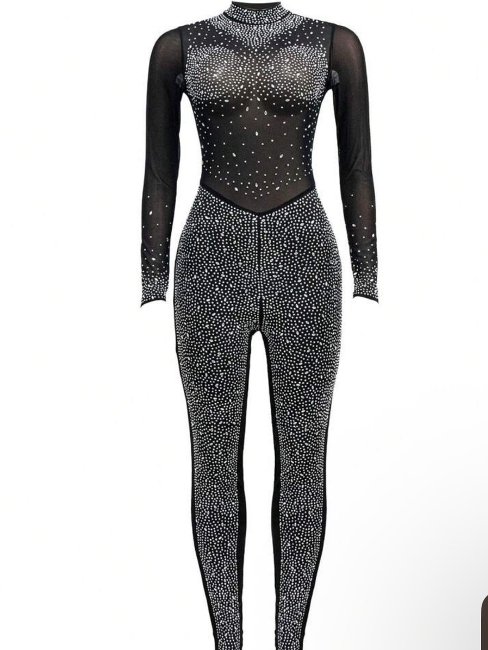 Plus Size Black Rhinestone Jumpsuit with Long Sleeves